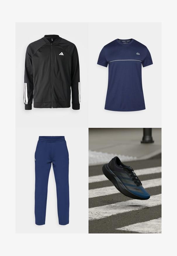Jachetă sport neagră, cu fermoar frontal, mâneci raglan, logo Adidas alb și dungi albe pe mâneci. Material neted, cu manșete elastice.; Tricou bleumarin cu mâneci scurte și decolteu rotund, având o dungă orizontală albă și un logo crocodil verde pe partea stângă a pieptului.; Pantaloni de trening bleu marin din bumbac moale, având un elastic în talie și picioare conice. Logo brodat mic aproape de șold.; Pantof sportiv negru și albastru cu un design aerodinamic, având o parte superioară texturată, dungi contrastante și o talpă amortizată, plutind deasupra asfaltului.