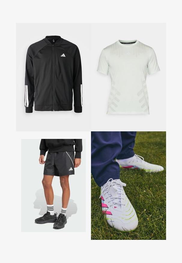 Veste de sport noire avec fermeture éclair à l'avant, manches raglan, logo Adidas blanc et bandes blanches sur les manches. Tissu lisse avec des poignets élastiques.; adidas Performance HIIT WORKOUT AIRCHILL - T-shirt de sport - linen green; Shorts de sport noirs avec une bande diagonale blanche et le logo Adidas. Portés avec des baskets noires et des chaussettes blanches ornées de trois bandes noires.; Baskets de sport blanches avec des surfaces texturées, des accents verts et roses, et un motif de semelle distinctif, posées sur de l'herbe.