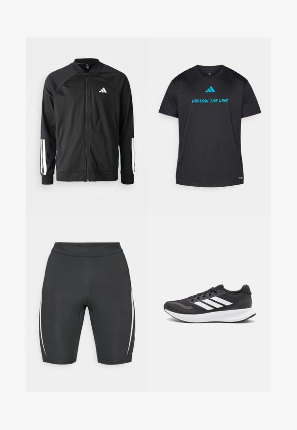 Chaqueta deportiva negra con cremallera frontal, mangas raglán, logo de Adidas en blanco y rayas blancas en las mangas. Tejido suave con puños elásticos.; Camiseta deportiva negra de tela ligera, con "SIGUE LA LÍNEA" en azul brillante y un pequeño logo cerca del dobladillo.; Pantalones cortos deportivos negros con rayas laterales blancas, hechos de una tela elástica, que cuentan con una cinta alta en la cintura y un diseño ajustado para mayor comodidad.; Zapatilla deportiva negra con parte superior de malla transpirable, acentos en blanco y una suela acolchada. Presenta el logo de tres rayas en el costado.