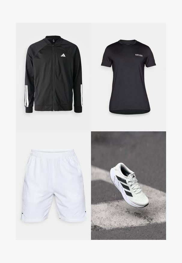 Mustar mustreeritud spordijakk, millel on ees lukuga taskud, raglanvarrukad, valge Adidas logo ja valged triibud varrukatel. Sile kangas elastsete mansettidega.; Must hämaroheline lühikeste varrukatega T-särk, mis on valmistatud siledast kangast. T-särgil on ümmargune kaelus ja vasakul rinnal väike valge logo.; Valged sportlikud lühikesed püksid, mis on valmistatud kerge kangaga. Omavad elastset vööd ja väikseid külgventileerimise avasid allääres. Ilma nähtavate mustrite või aktsentideta.; Valge spordijalats tekstuurse võrgu pealmise osaga, mustade triipudega, nööriga kinnitamine ja pehmendatud tallaga, levib märgitud teepinna kohal.