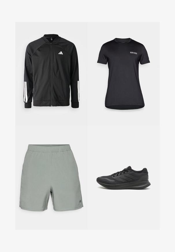 Casaco atlético preto com fecho na frente, mangas raglan, logotipo Adidas branco e riscas brancas nas mangas. Tecido suave com punhos elásticos.; T-shirt preto de mangas curtas feito de um tecido suave, apresentando um decote redondo e um pequeno logotipo branco na área do peito esquerdo.; Calções verdes com um cós elástico, feitos de um material leve. Apresenta um pequeno logótipo no lado inferior direito.; Tênis atléticos pretos com parte superior em malha, acabamentos em tecido suave, bico redondo, cadarços planos e sola de borracha texturizada para aderência.