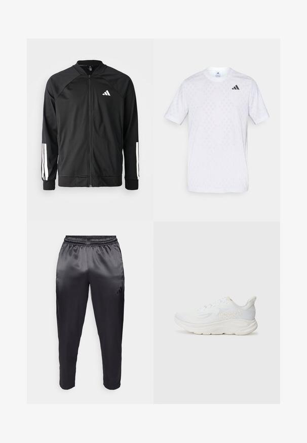 Black athletic jacket with a front zipper, raglan sleeves, white Adidas logo, and white stripes on sleeves. Smooth fabric with elastic cuffs.; White short-sleeve t-shirt featuring a subtle diamond pattern, made from lightweight fabric, with a black adidas logo on the chest.; Black athletic pants made of smooth, lightweight fabric with an elastic waistband. Features a small logo on the left side and tapered legs.; White running shoe with a textured mesh upper, thick cushioned sole, and embossed logo on the side. Lace-up design for secure fit.