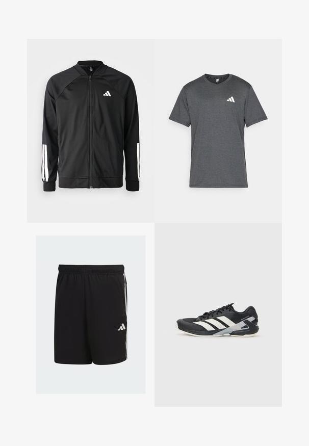 Melna sporta jaka ar priekšējo rāvējslēdzēju, raglanu piedurknēm, baltu Adidas logo un baltām svītrām uz piedurknēm. Gluda auduma sastāvs ar elastīgām aprocēm.; Tumši pelēks sporta krekls, kas izgatavots no elpojoša auduma, ar īsām piedurknēm un baltu logotipa akcentu kreisajā krūtīs. Strukturēta virsma.; Melni sporta šorti, izgatavoti no viegla auduma ar elastīgu jostu, ar baltām svītrām un Adidas logotipu sānos.; Melnas sporta kurpes ar baltām svītrām, acs augšdaļa, noapaļots pirksts un mīksts zole. Iespējams ar teksturētu papēdi un drošu šņoru sistēmu.