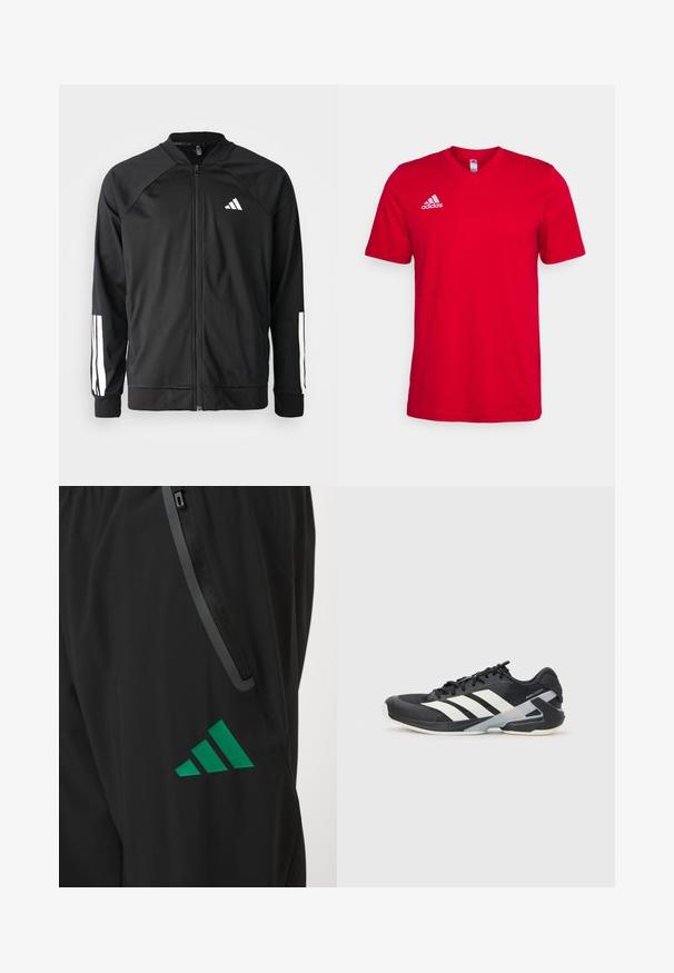 Black athletic jacket with a front zipper, raglan sleeves, white Adidas logo, and white stripes on sleeves. Smooth fabric with elastic cuffs.; Red cotton t-shirt with short sleeves, v-neck design, and white Adidas logo on the left chest. Smooth texture, no visible patterns.; Black athletic pants made of smooth fabric, featuring a green Adidas logo and a zippered pocket with contrasting trim.; Black athletic shoe with white stripes, mesh upper, rounded toe, and cushioned sole. Features a textured heel and secure lacing system.