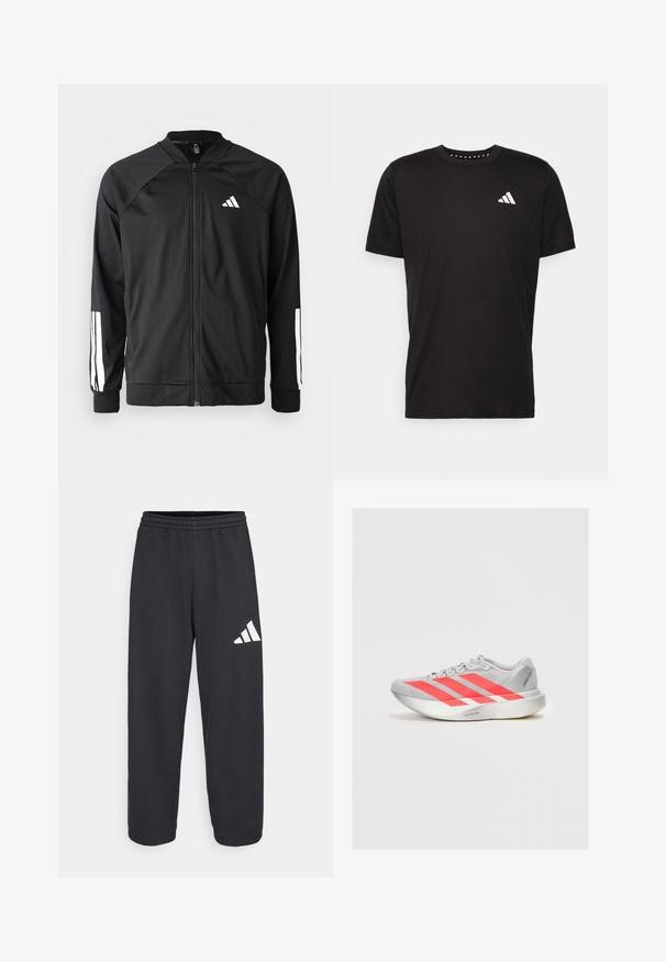Veste de sport noire avec fermeture éclair à l'avant, manches raglan, logo Adidas blanc et bandes blanches sur les manches. Tissu lisse avec des poignets élastiques.; T-shirt en coton noir à manches courtes, décolleté rond et logo blanc sur la poitrine gauche. Texture lisse et design simple.; Pantalon de survêtement noir avec une coupe décontractée, doté d'une taille élastique et d'un logo géométrique blanc sur la jambe gauche. Tissu au toucher lisse.; Chaussure de course légère en gris avec des accents rouges et un design à trois bandes. Caractéristiques d'un dessus lisse, d'un bout arrondi et d'une semelle texturée.