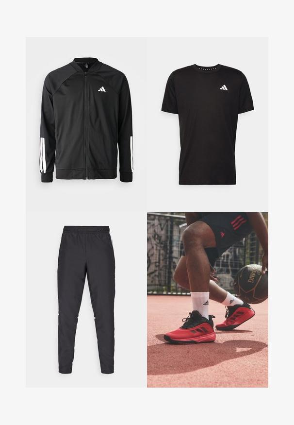Veste de sport noire avec fermeture éclair à l'avant, manches raglan, logo Adidas blanc et bandes blanches sur les manches. Tissu lisse avec des poignets élastiques.; T-shirt en coton noir à manches courtes, décolleté rond et logo blanc sur la poitrine gauche. Texture lisse et design simple.; Pantalons de sport noirs avec une taille élastique, des jambes fuselées et des accents blancs sur les côtés. Fabriqués à partir de matériau synthétique avec une texture lisse.; adidas Performance OWN THE GAME 3 - Chaussures de basket - core black/red