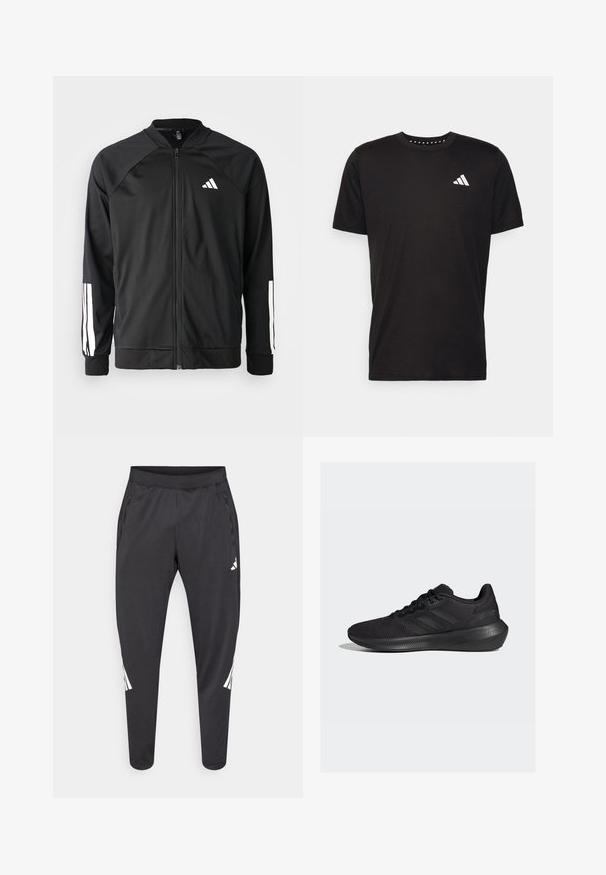 Schwarze Sportjacke mit einem Frontreißverschluss, Raglanärmeln, weißem Adidas-Logo und weißen Streifen an den Ärmeln. Glattes Gewebe mit elastischen Bündchen.; Schwarzes Baumwoll-T-Shirt mit kurzen Ärmeln, Rundhalsausschnitt und einem weißen Logo auf der linken Brust. Glatte Textur und einfaches Design.; Schwarze Sporthose mit zulaufenden Beinen, elastischem Bund, Seitentaschen und weißen Logo- und Streifendetails. Hergestellt aus einem glatten, leichten Material.; adidas Performance RUNFALCON 3.0 - Laufschuh Straße - core black/carbon