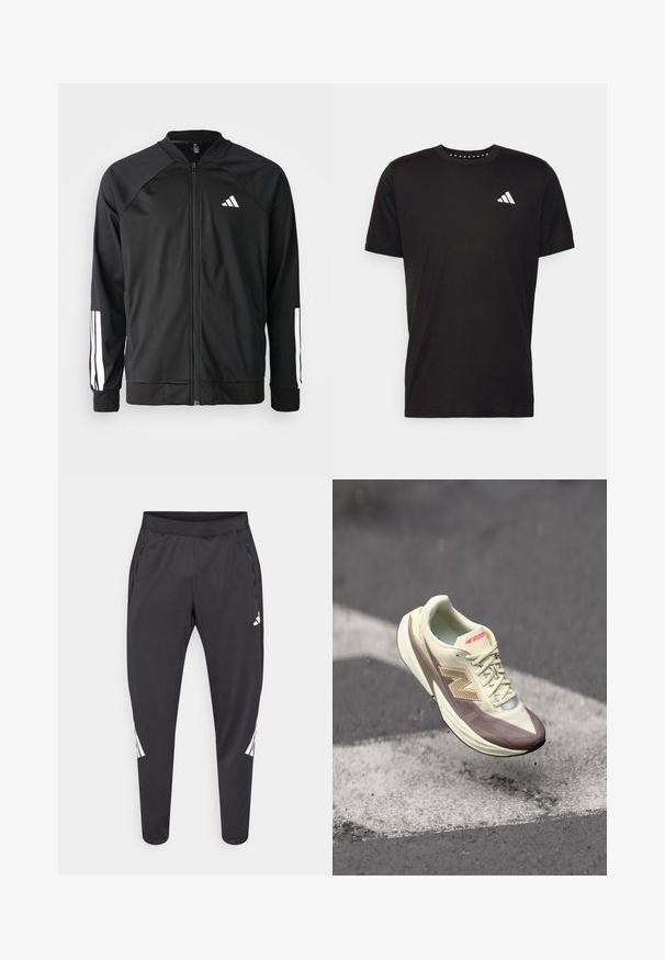 Zwarte sportjack met een rits aan de voorkant, raglanmouwen, wit Adidas-logo en witte strepen op de mouwen. Gladde stof met elastische manchetten.; Zwarte katoenen t-shirt met korte mouwen, ronde hals en een wit logo op de linkerkant van de borst. Gladde textuur en eenvoudig ontwerp.; Zwarte sportbroek met taps toelopende pijpen, elastische tailleband, zijzakken en witte logo- en streepdetails. Gemaakt van een glad, licht materiaal.; Lichte atletische schoen met een crème kleurige bovenkant en bruine accenten, voorzien van een getextureerd oppervlak, veters en een prominente logo aan de zijkant.