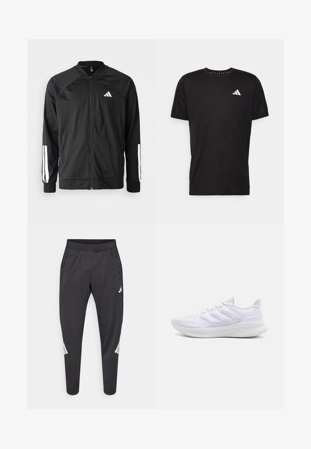 Black athletic jacket with a front zipper, raglan sleeves, white Adidas logo, and white stripes on sleeves. Smooth fabric with elastic cuffs.; Black cotton t-shirt with short sleeves, crew neckline, and a white logo on the left chest. Smooth texture and simple design.; Black athletic pants with tapered legs, elastic waistband, side pockets, and white logo and stripes detailing. Made from a smooth, lightweight material.; White athletic shoes featuring a textured mesh upper, supportive cushioned sole, and three stripe design on the side.