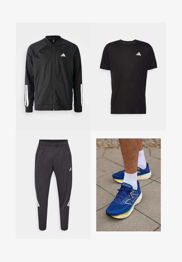 Svart sportjacka med framdraget blixtlås, raglanärmar, vitt Adidas-logotyp och vita ränder på ärmarna. Slät tyg med elastiska mudd.; Svart bomullströja med korta ärmar, rundad halsringning och en vit logotyp på vänster bröst. Slät textur och enkelt design.; Svarta sportbyxor med avsmalnande ben, elastisk midja, sidofickor samt vitt logotyp- och randdetalj. Tillverkade av ett mjukt, lätt material.; Blå sportskor med mesh-övre, har reflekterande detaljer, vita snören och en dämpad sula i flera färger. Bärs med vita strumpor.