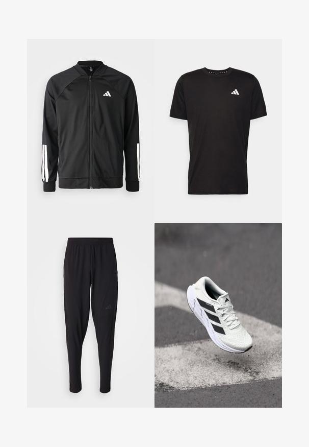 Schwarze Sportjacke mit einem Frontreißverschluss, Raglanärmeln, weißem Adidas-Logo und weißen Streifen an den Ärmeln. Glattes Gewebe mit elastischen Bündchen.; Schwarzes Baumwoll-T-Shirt mit kurzen Ärmeln, Rundhalsausschnitt und einem weißen Logo auf der linken Brust. Glatte Textur und einfaches Design.; Schwarze Sporthosen mit elastischem Bund, tailliertem Design, Seitentaschen und dezenten Logo-Details. Hergestellt aus flexiblem, atmungsaktivem Material.; Weiße Sportschuh mit strukturiertem Mesh-Obermaterial, schwarzen Streifen, Schnürverschluss und gepolstertem Sohlen, schwebt über einer markierten Straßenoberfläche.