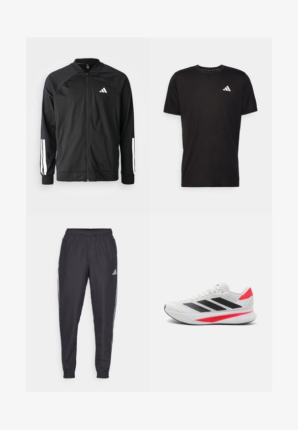 Black athletic jacket with a front zipper, raglan sleeves, white Adidas logo, and white stripes on sleeves. Smooth fabric with elastic cuffs.; Black cotton t-shirt with short sleeves, crew neckline, and a white logo on the left chest. Smooth texture and simple design.; Black athletic pants with an elastic waistband, featuring white stripes along the sides and a small logo on the hip. Smooth texture.; White athletic shoe featuring black stripes, a textured upper, pink accents, and a lightweight sole with "LIGHTMOTION" branding.