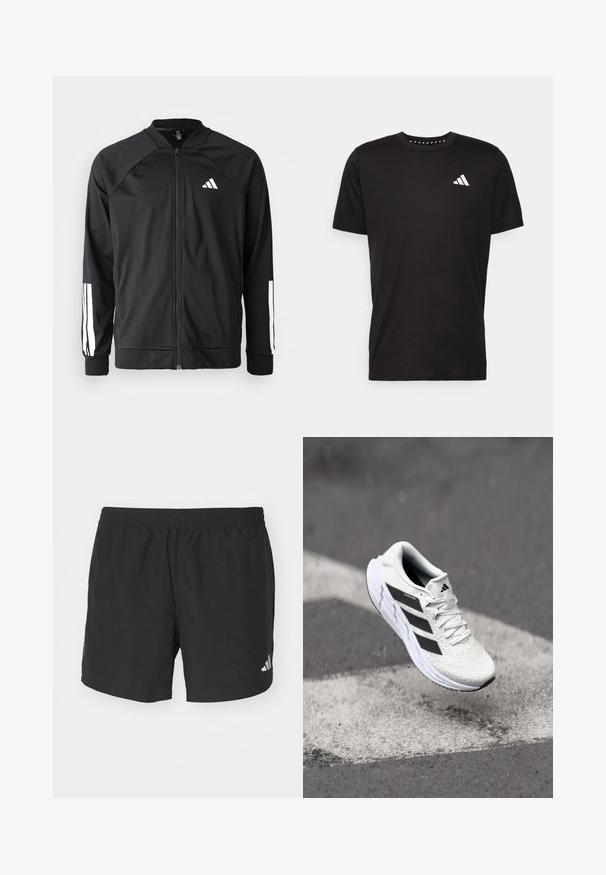Giacca atletica nera con zip frontale, maniche raglan, logo Adidas bianco e strisce bianche sulle maniche. Tessuto liscio con polsini elasticizzati.; T-shirt in cotone nero con maniche corte, scollo rotondo e logo bianco sul lato sinistro del petto. Texture liscia e design semplice.; Pantaloni corti sportivi neri con vita elastica, fessure laterali e dettagli riflettenti del logo. Realizzati in un tessuto leggero e liscio.; Scarpa sportiva bianca con tomaia in rete testurizzata, strisce nere, chiusura con lacci e suola ammortizzata, che levita sopra una superficie stradale segnata.