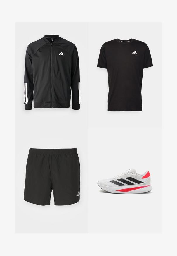 Zwarte sportjack met een rits aan de voorkant, raglanmouwen, wit Adidas-logo en witte strepen op de mouwen. Gladde stof met elastische manchetten.; Zwarte katoenen t-shirt met korte mouwen, ronde hals en een wit logo op de linkerkant van de borst. Gladde textuur en eenvoudig ontwerp.; Zwarte sportieve shorts met een elastische tailleband, zijsplits en reflecterende logo-accenten. Gemaakt van lichte, gladde stof.; Witte sportschoen met zwarte strepen, een gestructureerde bovenkant, roze accenten en een lichte zool met 'LIGHTMOTION' merk.