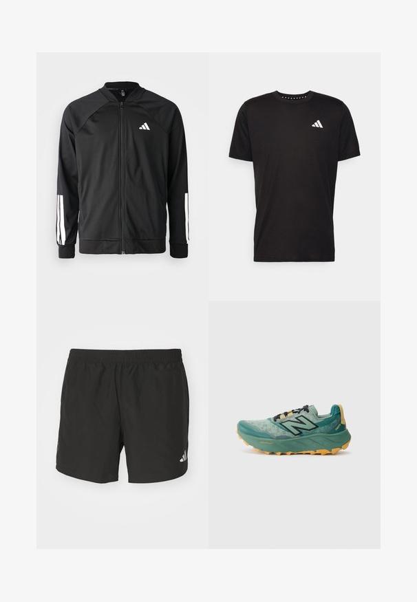 Black athletic jacket with a front zipper, raglan sleeves, white Adidas logo, and white stripes on sleeves. Smooth fabric with elastic cuffs.; Black cotton t-shirt with short sleeves, crew neckline, and a white logo on the left chest. Smooth texture and simple design.; Black athletic shorts with an elastic waistband, side slits, and reflective logo accents. Made of lightweight, smooth fabric.; Green trail running shoe with a mesh upper, black laces, and a chunky yellow outsole. Features "Fresh Foam" and "Vibram" branding.
