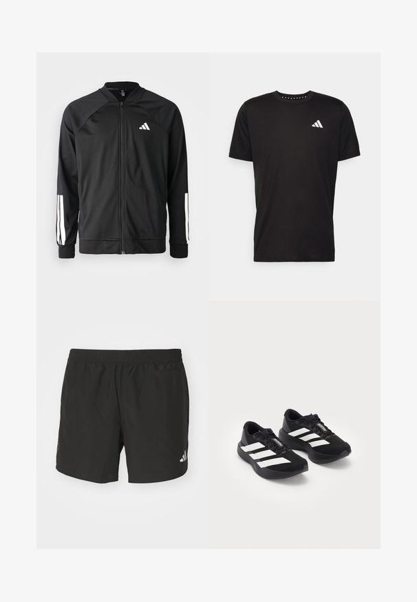 Mustar mustreeritud spordijakk, millel on ees lukuga taskud, raglanvarrukad, valge Adidas logo ja valged triibud varrukatel. Sile kangas elastsete mansettidega.; Must must ka t-särk lühikeste varrukatega, ümmarguse kaelusega ja valge logoga vasakul rinnal. Sile tekstuur ja lihtne disain.; Mustad mustus treeningpükstest elastse vöökoha, külgrihmade ja peegeldavate logo elementidega. Valmistatud kergest ja siledast kangast.; Mustad mustad Adidas Adizero jooksujalad, millel on valged triibud ja paelad, valgel taustal, paiknevad kõrvuti.
