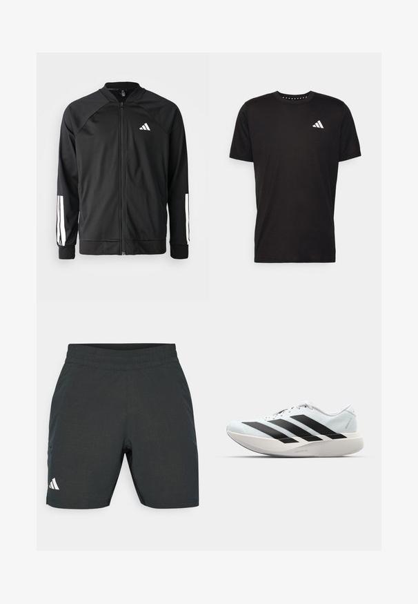 Black athletic jacket with a front zipper, raglan sleeves, white Adidas logo, and white stripes on sleeves. Smooth fabric with elastic cuffs.; Black cotton t-shirt with short sleeves, crew neckline, and a white logo on the left chest. Smooth texture and simple design.; Black athletic shorts with a textured pattern, elastic waistband, and side pockets. Features a white logo on the lower left side.; Lightweight running shoes in pale blue with black stripes. Features a smooth upper, round toe, and thick white midsole labeled "LIGHTSTRIKE PRO."
