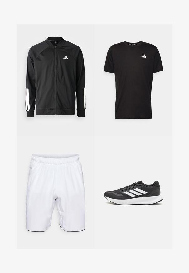 Zwarte sportjack met een rits aan de voorkant, raglanmouwen, wit Adidas-logo en witte strepen op de mouwen. Gladde stof met elastische manchetten.; Zwarte katoenen t-shirt met korte mouwen, ronde hals en een wit logo op de linkerkant van de borst. Gladde textuur en eenvoudig ontwerp.; Witte sportshorts van lichtgewicht stof. Voorzien van een elastische tailleband en zijzakken, met contrasterende zwarte bies aan de onderrand.; Zwart sportief schoen met ademend mesh bovenwerk, witte accenten en een gevoerde zool. Beschikt over een logo met drie strepen aan de zijkant.