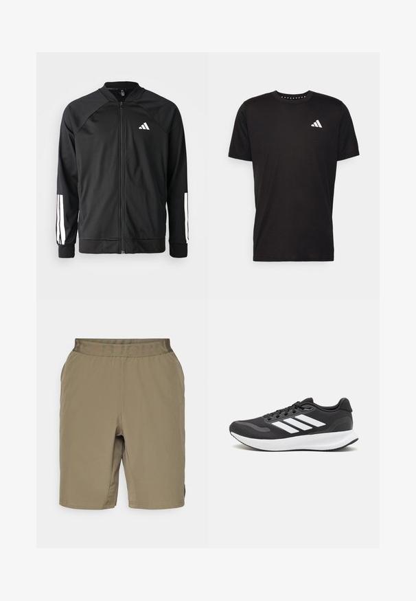 Casaco atlético preto com fecho na frente, mangas raglan, logotipo Adidas branco e riscas brancas nas mangas. Tecido suave com punhos elásticos.; T-shirt de algodão preto com mangas curtas, decote redondo e um logo branco no lado esquerdo do peito. Textura suave e design simples.; Bermudas em caqui com uma textura suave, cintura elástica com a palavra "BJORN" numa cor tonal e aberturas laterais para ventilação.; Shoe de atletismo preto com parte superior em malha respirável, detalhes brancos e sola almofadada. Apresenta o logotipo das três riscas na lateral.