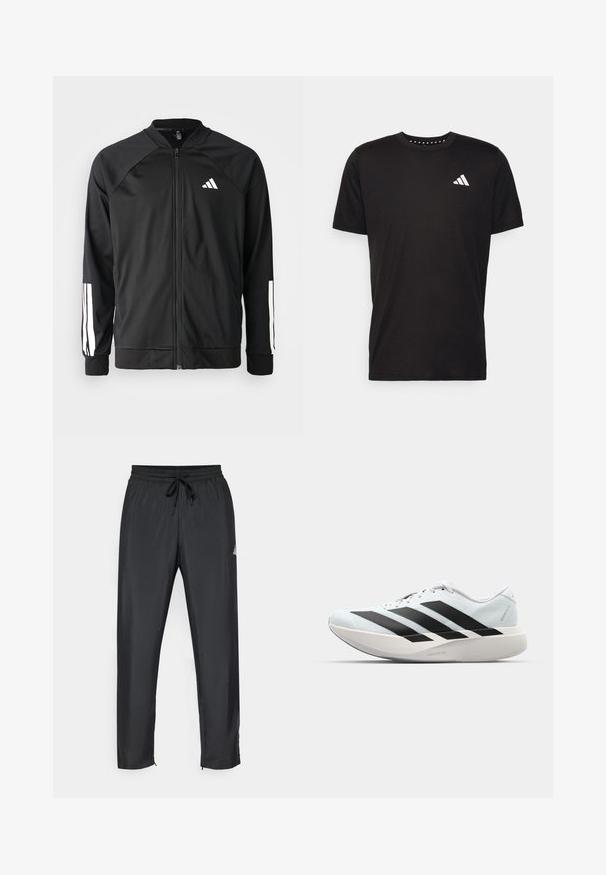 Casaco atlético preto com fecho na frente, mangas raglan, logotipo Adidas branco e riscas brancas nas mangas. Tecido suave com punhos elásticos.; T-shirt de algodão preto com mangas curtas, decote redondo e um logo branco no lado esquerdo do peito. Textura suave e design simples.; Calças de desporto pretas com cintura elástica e cordão. Apresentam um corte slim, textura suave e detalhes com fecho éclair nos tornozelos.; Tênis de corrida leves em azul pálido com riscas pretas. Apresentam um cabedal liso, bico redondo e uma entressola espessa branca rotulada como "LIGHTSTRIKE PRO."