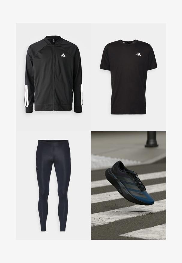 Black athletic jacket with a front zipper, raglan sleeves, white Adidas logo, and white stripes on sleeves. Smooth fabric with elastic cuffs.; Black cotton t-shirt with short sleeves, crew neckline, and a white logo on the left chest. Smooth texture and simple design.; Leggings made from stretchy, lightweight fabric in solid black. Features a smooth surface, fitted design, and an elastic waistband.; Black and blue athletic shoe with a streamlined design, featuring a textured upper, contrasting stripes, and a cushioned sole, hovering over pavement.