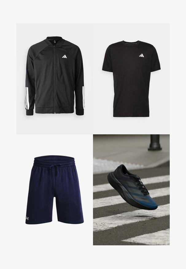 Black athletic jacket with a front zipper, raglan sleeves, white Adidas logo, and white stripes on sleeves. Smooth fabric with elastic cuffs.; Black cotton t-shirt with short sleeves, crew neckline, and a white logo on the left chest. Smooth texture and simple design.; Navy athletic shorts made from soft fabric, featuring an elastic waistband with drawstring and a small white logo on the lower left side.; Black and blue athletic shoe with a streamlined design, featuring a textured upper, contrasting stripes, and a cushioned sole, hovering over pavement.