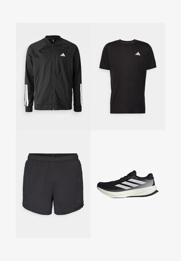 Chaqueta deportiva negra con cremallera frontal, mangas raglán, logo de Adidas en blanco y rayas blancas en las mangas. Tejido suave con puños elásticos.; Camiseta de algodón negra con mangas cortas, cuello redondo y un logo blanco en el lado izquierdo del pecho. Textura suave y diseño sencillo.; Pantalones cortos deportivos negros con cintura elástica y un sutil logo de Adidas en la pierna izquierda, mostrados sobre un fondo blanco liso.; Zapato deportivo negro con un diseño de malla, que presenta rayas blancas, una puntera redondeada y una suela texturizada para agarre y soporte.