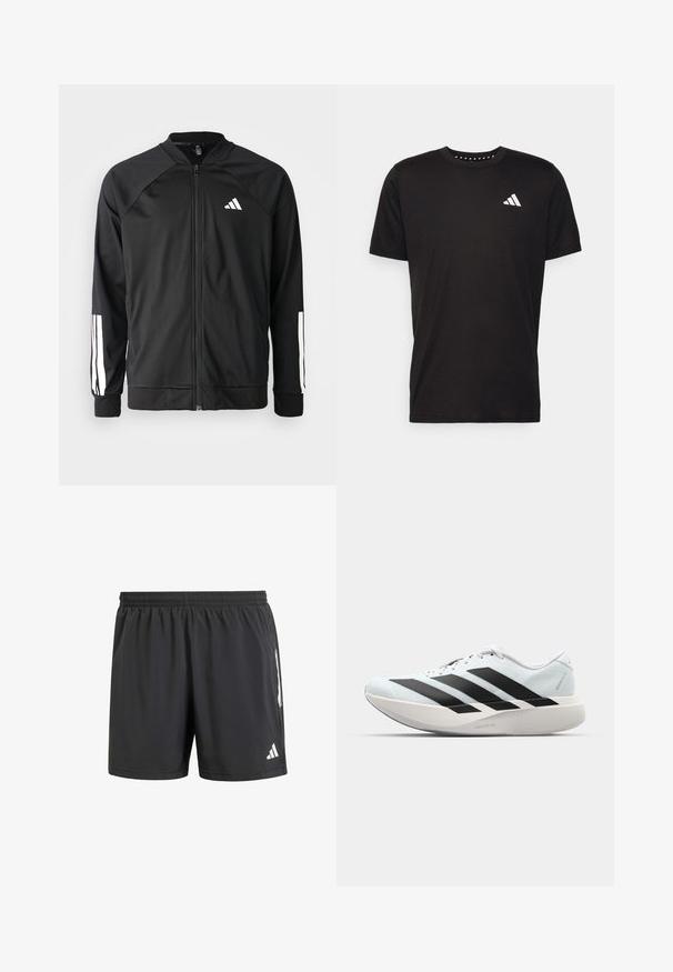 Černá sportovní bunda s předním zipem, raglánovými rukávy, bílým logem Adidas a bílými pruhy na rukávech. Hladká tkanina s elastickými manžetami.; Černé bavlněné tričko s krátkým rukávem, kulatým výstřihem a bílým logem na levé hrudi. Hladká textura a jednoduchý design.; Černé sportovní šortky s elastickým pasem, krátkým rozparkem a bílými logo akcenty na bocích. Vyrobeno z lehkého materiálu.; Lehké běžecké boty v světle modré barvě s černými pruhy. Mají hladký svršek, kulatou špičku a silnou bílou mezipodešev označenou "LIGHTSTRIKE PRO."