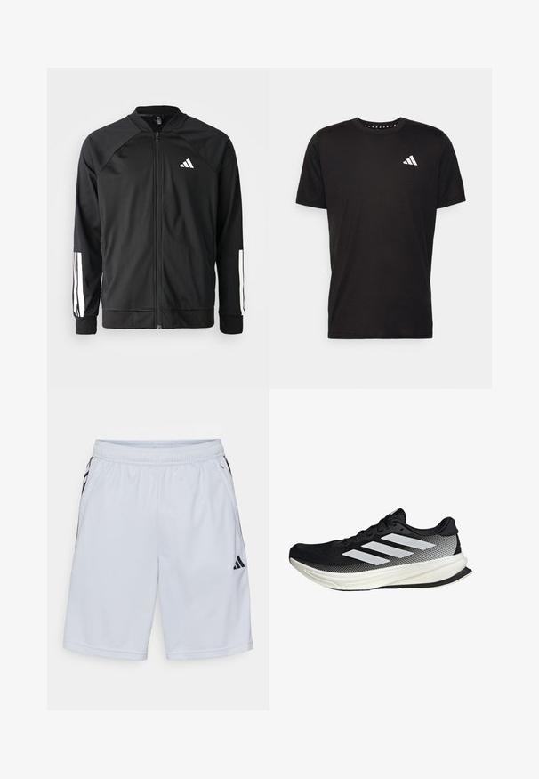 Zwarte sportjack met een rits aan de voorkant, raglanmouwen, wit Adidas-logo en witte strepen op de mouwen. Gladde stof met elastische manchetten.; Zwarte katoenen t-shirt met korte mouwen, ronde hals en een wit logo op de linkerkant van de borst. Gladde textuur en eenvoudig ontwerp.; adidas Performance Korte broeken - halo silver-coloured/black; Zwarte sportieve schoen met een mesh ontwerp, voorzien van witte strepen, een ronde neus en een gestructureerde zool voor grip en ondersteuning.