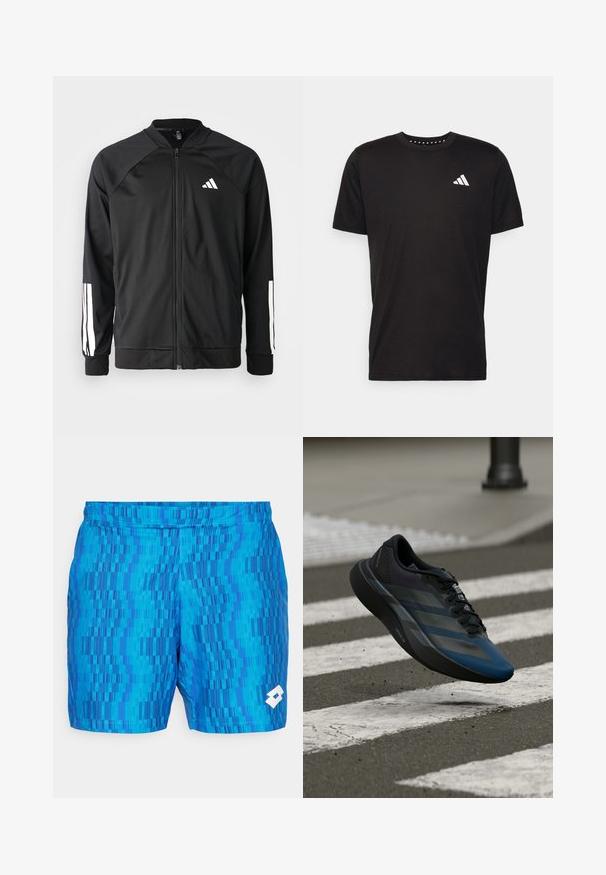 Svart treningsjakke med frontglidelås, raglanermer, hvit Adidas-logo og hvite striper på ermene. Glatt stoff med elastiske mansjetter.; Svart bomulls t-skjorte med korte ermer, rund hals og en hvit logo på venstre bryst. Glatt tekstur og enkelt design.; Blå svømmebukser med et teksturert mønster av vertikale linjer i forskjellige nyanser. Elastisk liv med en hvit logoakkent på nederste høyre.; Svart og blå atletisk sko med en strømlinjeformet utforming, som har en teksturert overdel, kontrasterende striper og en polstret såle, svevende over fortauet.