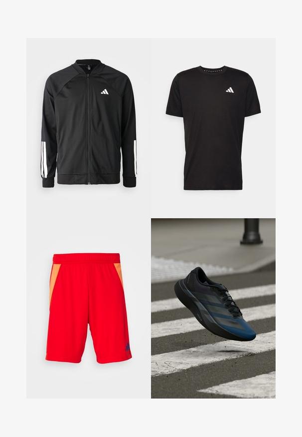 Černá sportovní bunda s předním zipem, raglánovými rukávy, bílým logem Adidas a bílými pruhy na rukávech. Hladká tkanina s elastickými manžetami.; Černé bavlněné tričko s krátkým rukávem, kulatým výstřihem a bílým logem na levé hrudi. Hladká textura a jednoduchý design.; Červené sportovní šortky s elastickým pasem, s oranžovými bočními panely a modrým logem na dolní levé straně. Hladký textilní povrch.; Černá a modrá sportovní obuv s aerodynamickým designem, s texturovaným svrškem, kontrastními pruhy a polstrovanou podešví, visící nad chodníkem.