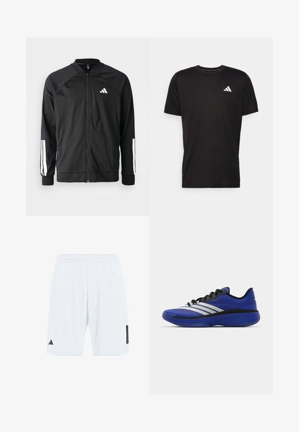 Black athletic jacket with a front zipper, raglan sleeves, white Adidas logo, and white stripes on sleeves. Smooth fabric with elastic cuffs.; Black cotton t-shirt with short sleeves, crew neckline, and a white logo on the left chest. Smooth texture and simple design.; White athletic shorts with an elastic waistband, featuring three black stripes on the sides and a black logo on the lower left leg.; adidas Performance ADIZERO SELECT 3.0 - Basketball shoes - lucid blue/core black/metallic