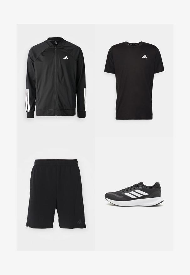 Črna atletska jakna z zadrgo spredaj, raglan rokavi, belo Adidas logo in bele črte na rokavih. Gladek material z elastičnimi manšetami.; Črna bombažna majica s kratkimi rokavi, okroglim izrezom in belim logotipom na levem prsnem predelu. Gladka tekstura in preprost dizajn.; Črne atletske kratke hlače iz lahkega materiala z elastičnim pasom. Vključujejo stranske razpoke in subtilen logotip na levi nogi.; Črne športne čevlje z zračnim mrežastim zgornjim delom, belimi akcenti in oblazinjeno podplatom. Imajo tri črte logo na strani.