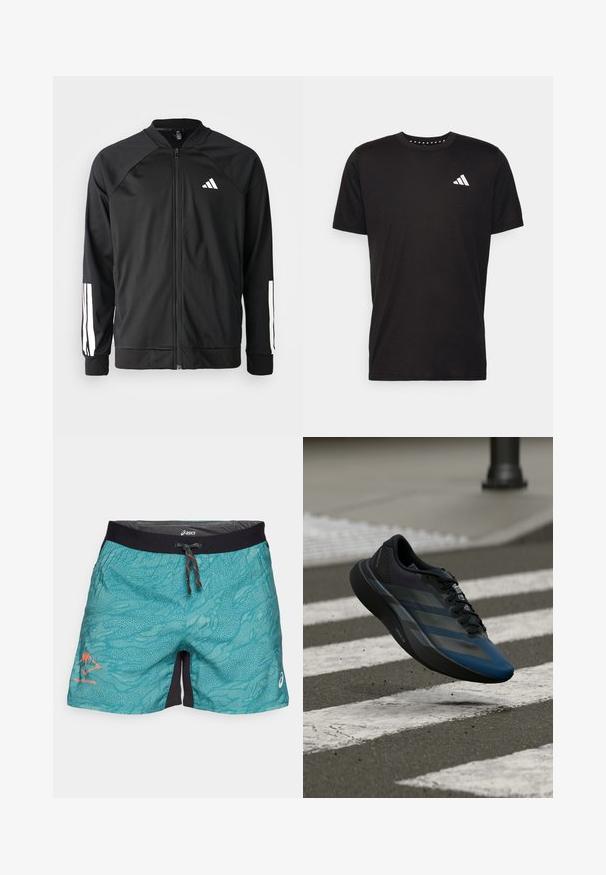 Črna atletska jakna z zadrgo spredaj, raglan rokavi, belo Adidas logo in bele črte na rokavih. Gladek material z elastičnimi manšetami.; Črna bombažna majica s kratkimi rokavi, okroglim izrezom in belim logotipom na levem prsnem predelu. Gladka tekstura in preprost dizajn.; Turkizne plavalne kratke hlače z teksturiranim valovnim vzorcem, črn pas in oranžne akcenti. Opremljene so s vrvico in detajlom logotipa.; Črno in modro atletsko čevlje z aerodinamičnim dizajnom, teksturirano zgornjo plastjo, kontrastnimi črtami ter oblazinjeno podplatom, ki lebdi nad asfaltom.