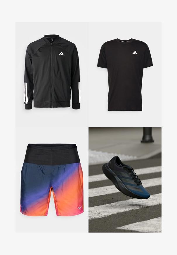 Čierna športová bunda s predným zipsom, raglánovými rukávmi, bielym logom Adidas a bielymi pruhmi na rukávoch. Hladká tkanina s elastickými manžetami.; Čierne bavlnené tričko s krátkymi rukávmi, klasickým výstrihom a bielym logom na ľavej strane hrude. Hladká textúra a jednoduchý dizajn.; Pánske atletické šortky s gradientným dizajnom od námorníckej modrej po oranžovú, s čiernym pásom a hladkým, ľahkým materiálom.; Čierna a modrá atletická obuv s aerodynamickým dizajnom, vybavená štruktúrovaným zvrškom, kontrastnými pruhmi a pohodlnou podrážkou, ktorá sa vznáša nad asfaltom.