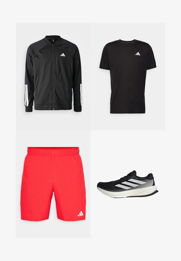 Veste de sport noire avec fermeture éclair à l'avant, manches raglan, logo Adidas blanc et bandes blanches sur les manches. Tissu lisse avec des poignets élastiques.; T-shirt en coton noir à manches courtes, décolleté rond et logo blanc sur la poitrine gauche. Texture lisse et design simple.; Shorts de sport rouges avec une taille élastique, tissu texturé et un logo Adidas blanc près de l'ourlet.; Chaussure de sport noire avec un design en maille, ornée de rayures blanches, à bout arrondi et avec une semelle texturée pour une meilleure adhérence et un soutien accru.