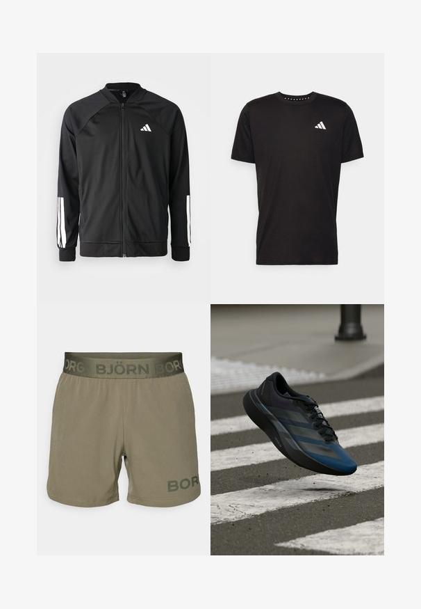 Juodas sportinis džemperis su priekiniais užtrauktukais, raglano stiliaus rankovėmis, balta Adidas logotipu ir baltais juostelėmis ant rankovių. Lygus audinys su elastingomis rankovėmis.; Juodas medvilnės marškinėliai trumpomis rankovėmis, su apvalia iškirpte ir balta logo kairiajame krūtinės šone. Lygus tekstūra ir paprastas dizainas.; Vyrų šortai oliivinės spalvos audinio su elastinga juosmeniu, kuriame yra "BJÖRN BOR" logotipas. Lygus paviršius, iki vidurio šlaunies ilgio, siuvinėtos apvado detalės.; Juodos ir mėlynos spalvų sportinė batus su aptakiu dizainu, tekstūruotu viršumi, kontrastingomis juostelėmis ir paminkštinta padu, kybantis virš šaligatvio.