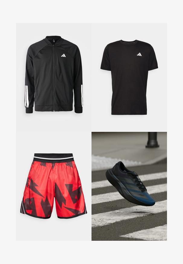 Black athletic jacket with a front zipper, raglan sleeves, white Adidas logo, and white stripes on sleeves. Smooth fabric with elastic cuffs.; Black cotton t-shirt with short sleeves, crew neckline, and a white logo on the left chest. Smooth texture and simple design.; Red athletic shorts with a black abstract pattern, elastic waistband with white and black stripes, made of shiny, lightweight material.; Black and blue athletic shoe with a streamlined design, featuring a textured upper, contrasting stripes, and a cushioned sole, hovering over pavement.
