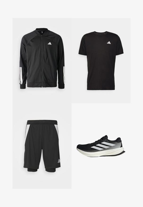 Black athletic jacket with a front zipper, raglan sleeves, white Adidas logo, and white stripes on sleeves. Smooth fabric with elastic cuffs.; Black cotton t-shirt with short sleeves, crew neckline, and a white logo on the left chest. Smooth texture and simple design.; Black athletic shorts with a lightweight fabric, white side panels, elastic waistband, and a reflective logo detail on the bottom left.; Black athletic shoe with a mesh design, featuring white stripes, a rounded toe, and a textured sole for grip and support.