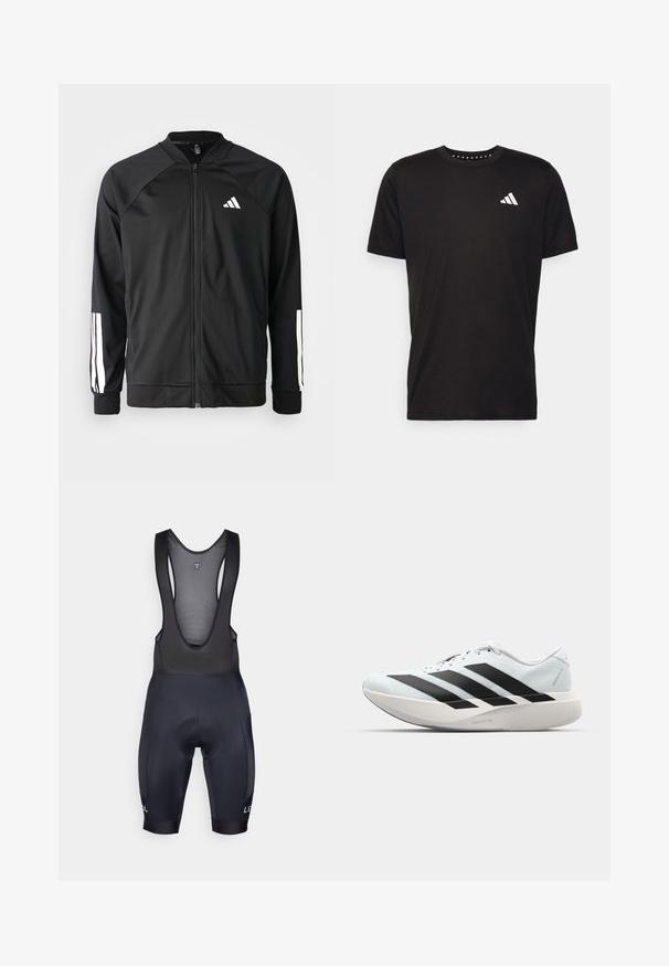 Juodas sportinis džemperis su priekiniais užtrauktukais, raglano stiliaus rankovėmis, balta Adidas logotipu ir baltais juostelėmis ant rankovių. Lygus audinys su elastingomis rankovėmis.; Juodas medvilnės marškinėliai trumpomis rankovėmis, su apvalia iškirpte ir balta logo kairiajame krūtinės šone. Lygus tekstūra ir paprastas dizainas.; Juodi dviračių šortai su tinkliniais petnešomis, paminkštinta sėdyne ir elastingais rankogaliais. Ant kairės kojos yra logotipas, o dizainas glaustas ir aerodinamiškas.; Lengvi bėgimo batai šviesiai mėlynos spalvos su juodomis juostelėmis. Yra lygus viršus, apvalus pirštas ir storas baltas vidpadis su užrašu "LIGHTSTRIKE PRO."