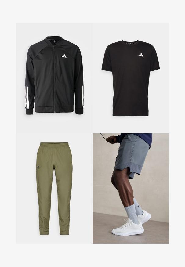 Svart treningsjakke med frontglidelås, raglanermer, hvit Adidas-logo og hvite striper på ermene. Glatt stoff med elastiske mansjetter.; Svart bomulls t-skjorte med korte ermer, rund hals og en hvit logo på venstre bryst. Glatt tekstur og enkelt design.; Olivengrønne treningsbukser med elastisk midjebånd, smale ben, en glatt tekstur og en liten svart logo på venstre side.; Hvite treningssko med teksturert mesh-overdel, kombinert med lyseblå ribbestrikkede sokker med logo. Grå treningsshorts med perforert kant.