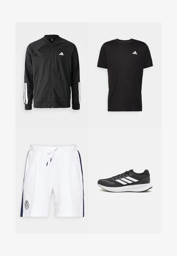Casaco atlético preto com fecho na frente, mangas raglan, logotipo Adidas branco e riscas brancas nas mangas. Tecido suave com punhos elásticos.; T-shirt de algodão preto com mangas curtas, decote redondo e um logo branco no lado esquerdo do peito. Textura suave e design simples.; Calções brancos com cós elástico e cordão ajustável. Apresenta riscas laterais em azul-marinho e um logo do Lacoste Tennis Club na perna esquerda.; Shoe de atletismo preto com parte superior em malha respirável, detalhes brancos e sola almofadada. Apresenta o logotipo das três riscas na lateral.