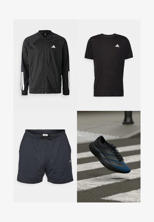 Svart treningsjakke med frontglidelås, raglanermer, hvit Adidas-logo og hvite striper på ermene. Glatt stoff med elastiske mansjetter.; Svart bomulls t-skjorte med korte ermer, rund hals og en hvit logo på venstre bryst. Glatt tekstur og enkelt design.; Svart idrettsshorts laget av lett, pustende stoff. Har elastisk midje med snor, sidelommer og teksturert mønster.; Svart og blå atletisk sko med en strømlinjeformet utforming, som har en teksturert overdel, kontrasterende striper og en polstret såle, svevende over fortauet.