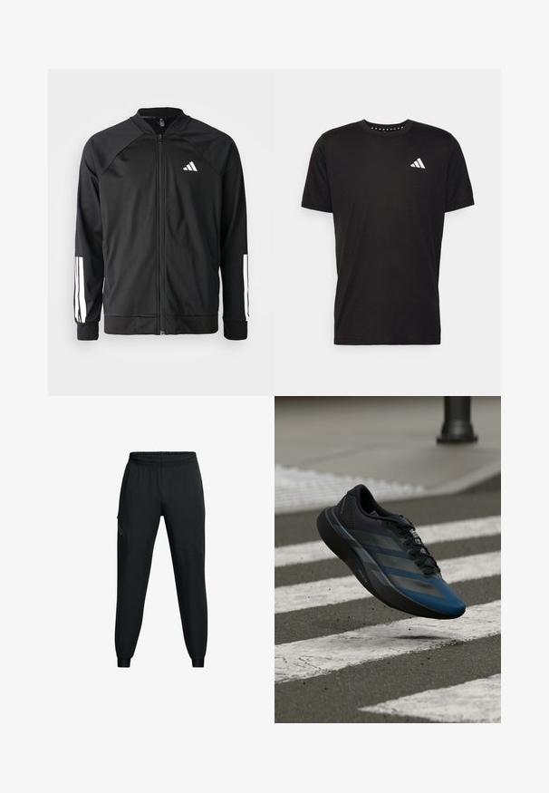 Veste de sport noire avec fermeture éclair à l'avant, manches raglan, logo Adidas blanc et bandes blanches sur les manches. Tissu lisse avec des poignets élastiques.; T-shirt en coton noir à manches courtes, décolleté rond et logo blanc sur la poitrine gauche. Texture lisse et design simple.; Pantalons de sport noirs avec une taille élastique, un design de jambe fuselée, des poches latérales et des détails de panneaux contrastants. Tissu léger et lisse.; Chaussure de sport noire et bleue au design épuré, avec une tige texturée, des bandes contrastées et une semelle amortie, flottant au-dessus du trottoir.