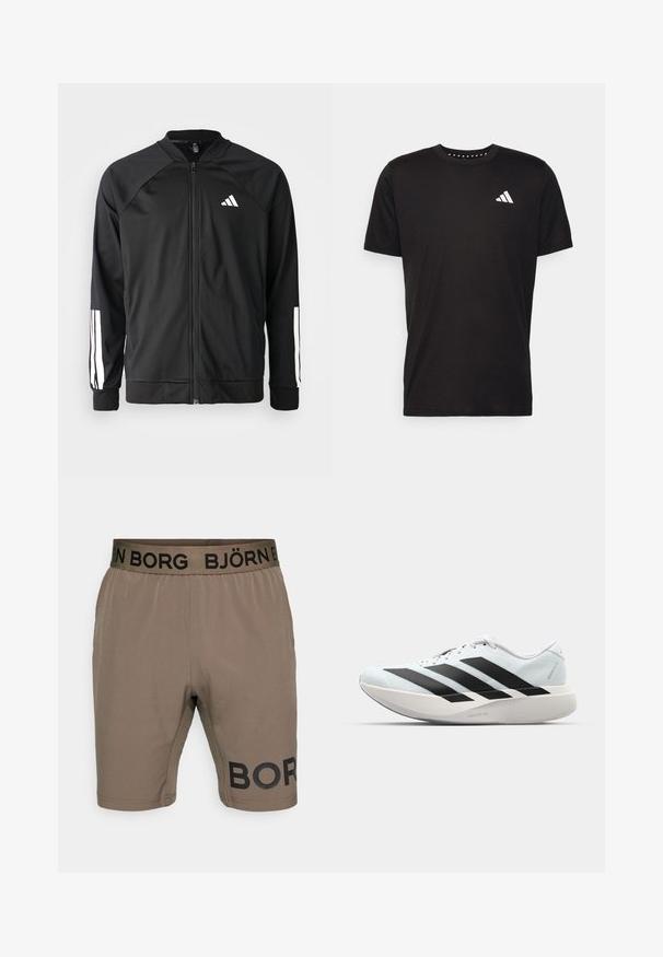 Musta urheilujakku, jossa on vetoketju edessä, raglan-hihat, valkoinen Adidas-logo ja valkoiset raidat hihoissa. Sujuva kangas ja joustavat hihansuut.; Musta puuvillapaita lyhyillä hihoilla, pyöreä pääntie ja valkoinen logo vasemmassa rinnassa. Sujuva rakenne ja yksinkertainen muotoilu.; Björn Borg SHORTS - Urheilushortsit - tarmac; Kevyt juoksukengät vaaleansinisinä mustilla raidoilla. Ominaisuuksiin kuuluu sileä pinta, pyöreä kärki ja paksu valkoinen välipohja, joka on merkitty "LIGHTSTRIKE PRO".