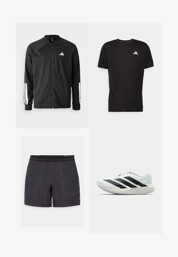Veste de sport noire avec fermeture éclair à l'avant, manches raglan, logo Adidas blanc et bandes blanches sur les manches. Tissu lisse avec des poignets élastiques.; T-shirt en coton noir à manches courtes, décolleté rond et logo blanc sur la poitrine gauche. Texture lisse et design simple.; Shorts de sport noirs en tissu léger et respirant, avec une texture à motifs, une taille élastique et un logo réfléchissant.; Baskets de course légères en bleu pâle avec des rayures noires. Elles présentent un dessus lisse, un embout rond et une semelle intermédiaire blanche épaisse étiquetée "LIGHTSTRIKE PRO".