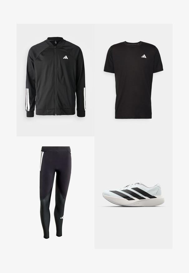 Musta urheilujakku, jossa on vetoketju edessä, raglan-hihat, valkoinen Adidas-logo ja valkoiset raidat hihoissa. Sujuva kangas ja joustavat hihansuut.; Musta puuvillapaita lyhyillä hihoilla, pyöreä pääntie ja valkoinen logo vasemmassa rinnassa. Sujuva rakenne ja yksinkertainen muotoilu.; Musta urheilullinen legginssi, jossa on teksturoitu alaosa, jossa on pieniä valkoisia pilkkuja. Mukana sivutasku ja kontrastivärinen paneelisuunnittelu.; Kevyt juoksukengät vaaleansinisinä mustilla raidoilla. Ominaisuuksiin kuuluu sileä pinta, pyöreä kärki ja paksu valkoinen välipohja, joka on merkitty "LIGHTSTRIKE PRO".