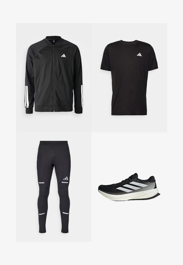 Schwarze Sportjacke mit einem Frontreißverschluss, Raglanärmeln, weißem Adidas-Logo und weißen Streifen an den Ärmeln. Glattes Gewebe mit elastischen Bündchen.; Schwarzes Baumwoll-T-Shirt mit kurzen Ärmeln, Rundhalsausschnitt und einem weißen Logo auf der linken Brust. Glatte Textur und einfaches Design.; Schwarze Sportleggings mit einem figurbetonten Design, hergestellt aus dehnbarem Material. Verfügt über reflektierende Akzente und Reißverschluss-Manschetten für zusätzliche Funktionalität.; Schwarzer Sportschuh mit einem Mesh-Design, ausgestattet mit weißen Streifen, einer runden Zehenpartie und einer strukturierten Sohle für Grip und Unterstützung.
