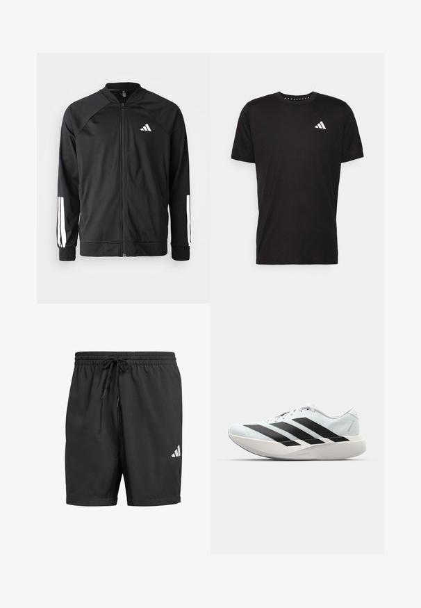 Casaco atlético preto com fecho na frente, mangas raglan, logotipo Adidas branco e riscas brancas nas mangas. Tecido suave com punhos elásticos.; T-shirt de algodão preto com mangas curtas, decote redondo e um logo branco no lado esquerdo do peito. Textura suave e design simples.; Bermudas atléticas pretas feitas de um tecido leve, apresentando uma cintura elástica com cordão e um logótipo branco da Adidas no lado inferior direito.; Tênis de corrida leves em azul pálido com riscas pretas. Apresentam um cabedal liso, bico redondo e uma entressola espessa branca rotulada como "LIGHTSTRIKE PRO."