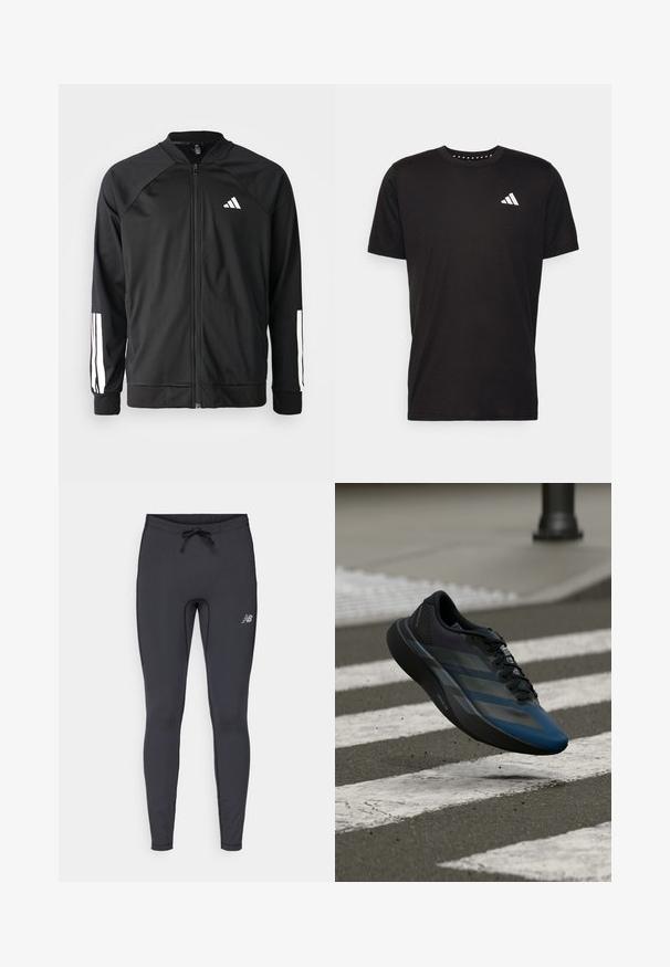 Svart treningsjakke med frontglidelås, raglanermer, hvit Adidas-logo og hvite striper på ermene. Glatt stoff med elastiske mansjetter.; Svart bomulls t-skjorte med korte ermer, rund hals og en hvit logo på venstre bryst. Glatt tekstur og enkelt design.; Svart treningstights laget av elastisk stoff. Har en snor i livet og en liten reflekterende logo på høyre lår.; Svart og blå atletisk sko med en strømlinjeformet utforming, som har en teksturert overdel, kontrasterende striper og en polstret såle, svevende over fortauet.